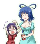 2girls ^_^ blue_hair blush breasts cleavage closed_eyes hair_ornament hair_rings hair_stick hat jiangshi kaku_seiga kousei_(public_planet) miyako_yoshika multiple_girls ofuda open_mouth outstretched_arms pocky pocky_day purple_hair short_hair touhou zombie_pose 
