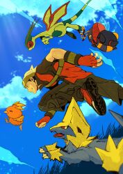  beak bird brendan_(pokemon) bug chicken dragon flygon highres manectric nisou_(omeshi_kuwasero) open_mouth pokemon pokemon_emerald pokemon_rse red_eyes teeth torchic volbeat wings yellow_eyes 