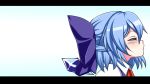  1girl blue_hair blush bow cirno closed_eyes hair_bow highres ice ice_wings incipient_kiss letterboxed puckered_lips short_hair solo touhou widescreen wings yagami_(mukage) 