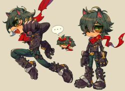  ... 1boy animal_ears animalization arm_up black_boots black_jacket blush boots clenched_hand commentary eyes_visible_through_eyewear furrification furry gloves green_eyes green_hair green_pants grey_background hedgehog hedgehog_boy highres jacket lighter_(zenless_zone_zero) long_sleeves looking_to_the_side male_focus multiple_views open_mouth pants parted_bangs profile puru_(puruling) red_pupils red_scarf scarf sideways_glance simple_background speech_bubble spoken_ellipsis sunglasses symbol-only_commentary teeth tongue upper_teeth_only yellow-framed_eyewear zenless_zone_zero 