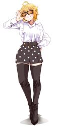  1girl absurdres adjusting_eyewear ahoge black_boots black_skirt blonde_hair boots clark_grimms full_body grin hair_flaps hand_up highres ibuki_tsubasa idolmaster idolmaster_million_live! long_sleeves looking_at_viewer polka_dot polka_dot_skirt shadow shirt shirt_tucked_in short_hair simple_background skirt smile solo standing sunglasses thigh_boots tinted_eyewear white_background white_shirt yellow-tinted_eyewear zettai_ryouiki 