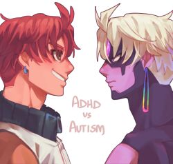  2boys addy_(@vegeebs) brown_eyes closed_mouth commentary dandadan dual_persona earrings english_text enjoji_jin evil_eye_(dandadan) highres jewelry looking_at_another male_focus multiple_boys parted_lips possessed profile red_hair short_hair simple_background smile third_eye upper_body violet_eyes white_background white_hair 