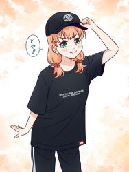 >:) 1girl akihitohappy baseball_cap black_hat black_pants black_shirt black_t-shirt closed_mouth clothes_writing commentary_request cosplay cowboy_shot green_eyes hat highres hinoshita_kaho link!_like!_love_live! looking_at_viewer love_live! low_twintails medium_hair nirei_nozomi nirei_nozomi_(cosplay) orange_hair pants real_life shirt solo speech_bubble split_mouth standing t-shirt translation_request twintails v-shaped_eyebrows virtual_youtuber voice_actor_connection zozotown