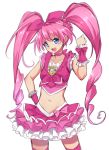  1girl :d blue_eyes brooch chiroru_(7450n) choker cure_melody frilled_skirt frills heart houjou_hibiki jewelry looking_at_viewer magical_girl midriff navel open_mouth pink_hair precure simple_background skirt smile solo suite_precure twintails white_background 