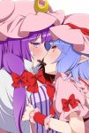  2girls blue_hair blush bow eichi_yuu eye_contact hair_bow hat long_hair looking_at_another multiple_girls patchouli_knowledge pocky pocky_kiss pointy_ears purple_hair red_eyes remilia_scarlet shared_food short_hair touhou violet_eyes yuri 