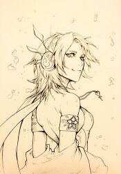  1girl aqua_(kingdom_hearts) armband armpit_crease backless_outfit bare_shoulders breasts closed_mouth detached_sleeves draconli eighth_note from_behind headphones heart_pendant highres kingdom_hearts kingdom_hearts_birth_by_sleep lineart looking_at_viewer looking_back median_furrow medium_breasts medium_hair monochrome musical_note parted_bangs shoulder_blades simple_background sixteenth_note sketch smile solo upper_body water_drop wet 