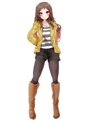  1girl absurdres black_pantyhose black_shorts blush boots brown_boots brown_eyes brown_hair clark_grimms closed_mouth full_body hand_on_own_hip highres idolmaster idolmaster_million_live! jacket kitazawa_shiho knee_boots lapels leather leather_jacket long_hair long_sleeves notched_lapels open_clothes open_jacket pantyhose shirt shorts simple_background smile solo standing striped_clothes striped_shirt white_background yellow_jacket 
