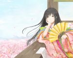  1girl black_hair blush cherry_blossoms highres japanese_clothes kimono long_hair original solo usamo_(xxxmo) 