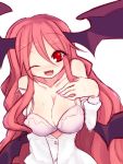  1girl bare_shoulders blush bra breasts cleavage collarbone demon_girl demon_wings fang head_wings koakuma kuresento large_breasts long_hair long_sleeves looking_at_viewer off_shoulder one_eye_closed open_clothes open_mouth open_shirt pink_bra red_eyes redhead smile solo strap_slip sweat touhou underwear very_long_hair wings 