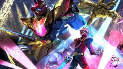  1boy absurdres arm_blade armor badluck belt black_bodysuit blue_eyes bodysuit commentary_request glowing glowing_eyes gozyuwolf helmet highres male_focus mecha no.1_sentai_gozyuger red_armor red_bodysuit red_eyes red_helmet robot signature stage_lights super_sentai tega_sword tega_sword_red tokusatsu weapon 