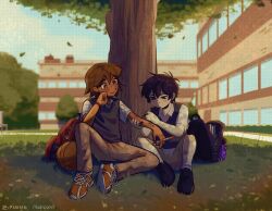  2boys alternate_costume antenna_hair artist_collaboration artist_name backpack bag bag_charm ball bandaid bandaid_on_leg basketball_(object) black_eyes black_hair black_shoes blurry blurry_background bright_pupils brown_eyes brown_hair brown_pants charm_(object) closed_mouth dark-skinned_male dark_skin day highres holding holding_marker kel_(faraway)_(omori) kel_(omori) loafers looking_at_viewer madnopost male_focus marker multiple_boys omori orange_shoes outdoors pants shoes short_hair sitting sneakers white_pupils zipsunz 