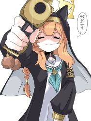  1girl aiming animal_ears blue_archive braid cat_ears charm_(object) closed_eyes desert_eagle gun halo handgun highres mari_(blue_archive) orange_hair single_braid smile tachikaze_miyako veil weapon 