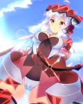  1girl bodysuit bow_(weapon) breasts crossbow from_below highres large_breasts long_hair mikususannda revision senki_zesshou_symphogear silver_hair sky solo twintails violet_eyes weapon yukine_chris 