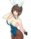  1girl and animal_ears bare_shoulders black_gloves black_hair blush breasts bunny_girl bunny_tail bunnysuit cleavage detached_collar gloves kantai_collection large_breasts looking_at_viewer pantyhose rabbit_ears red_eyes short_hair simple_background solo tail takao_(kantai_collection) white_background wrist_cuffs 