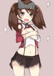  1girl absurdres angry blush brown_eyes brown_hair covering covering_breasts crossed_arms damaged dress highres kantai_collection kou_mashiro open_mouth ryuujou_(kantai_collection) skirt solo suspenders tears torn_clothes torn_shirt twintails visor_cap 