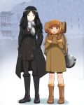  2girls alternate_costume backpack bag black_boots black_hair blush boots brown_boots brown_eyes brown_hair coat constantia_cantacuzino eyebrows fur_trim hands_in_pockets highres inufusa_yuno kaneko_(novram58) long_hair looking_at_another multiple_girls open_mouth pale_skin pantyhose scarf short_hair smile snow snowing standing strike_witches winter winter_clothes yellow_eyes 