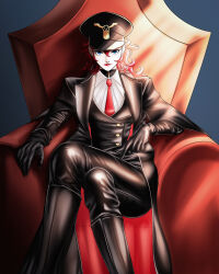  1girl absurdres boots breasts commentary crossed_legs gloves hair_between_eyes highres jacket leather leather_belt leather_coat leather_gloves leather_jacket leather_pants leather_suit lipstick looking_at_viewer makeup nagaomono necktie original pants red_hair self-upload simple_background solo throne 