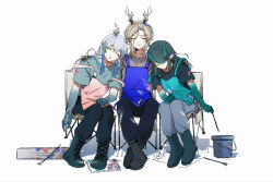 1girl 2boys apron aqua_apron arknights black_skirt blonde_streaks blue_apron blue_hair blue_horns blue_streaks boots brother_and_sister brown_horns bucket chair chinese_commentary colored_extremities colored_skin commentary_request crumpled_paper dot_nose dragon_girl dragon_horns dropping dusk_(arknights) earrings folding_chair full_body gradient_horns gradient_skin green_boots green_horns green_skin grey_background grey_shirt hand_on_another&#039;s_shoulder highres holding holding_paintbrush horns image_sample jewelry ji_(arknights) leaning_on_person long_hair long_sidelocks multicolored_hair multicolored_horns multiple_boys no_mouth no_tail off_shoulder on_chair paintbrush pants pants_tucked_in pink_apron pointy_ears red_horns rubber_boots shadow shirt siblings sidelocks simple_background sitting skirt sleeping streaked_hair tassel tassel_earrings ye_zhen yi_(arknights) 