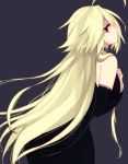  1girl ahoge ass black_background blazblue blonde_hair bodysuit lambda-11 long_hair looking_back red_eyes yuya_(oshidori) 