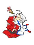  1girl ahoge blazblue bodysuit cape chibi jacket jin_(mugenjin) nu-13 red_jacket silver_hair sleeping t-shirt zzz 