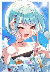  1girl :3 bare_shoulders blue_hair blue_sky border collarbone colored_inner_hair confetti denim denim_jacket earrings fang finger_to_cheek hair_ornament hana_s heart heart_hair_ornament highres jacket jewelry looking_at_viewer mismatched_earrings multicolored_hair nail_polish off_shoulder one_eye_closed open_mouth outside_border pendant_choker pixel_heart portrait red_eyes ring shiranami_ramune shiranami_ramune_(1st_costume) short_hair sky solo spaghetti_strap summer sunlight v virtual_youtuber vspo! white_border white_hair 