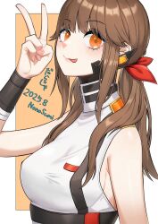  1girl breasts brown_hair closed_mouth commentary_request dated falcon_(girls&#039;_frontline) girls&#039;_frontline_neural_cloud girls_frontline hair_ribbon hand_up highres long_hair looking_at_viewer medium_breasts nonosumi orange_eyes red_ribbon ribbon shirt smile sockdolager_(neural_cloud) tongue tongue_out translation_request twintails upper_body v white_shirt 