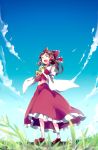  1girl bare_shoulders blurry bow closed_eyes clouds depth_of_field detached_sleeves from_below grass hair_bow hair_tubes hakurei_reimu navel open_mouth sky smile solo touhou wide_sleeves yoshinaga_p 