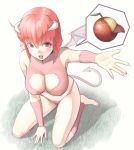  1girl bat_wings breasts cleavage_cutout demon_girl demon_tail fang food fruit horns kneeling looking_up monster_farm open_mouth outstretched_hand pink_hair pixie_(monster_farm) red_eyes short_hair tail tkln wings 