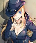  1girl ajishio ayase_eli blonde_hair blue_eyes blush breasts cleavage coat diamond_princess_no_yuuutsu finger_to_mouth hat hat_over_one_eye large_breasts long_hair looking_at_viewer love_live!_school_idol_project ponytail smile solo 