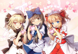  3girls :d ;) ascot black_bow blonde_hair blue_bow blue_dress blue_eyes blue_ribbon blush bow brown_eyes brown_hair chestnut_mouth chima_q closed_mouth commentary_request daisy_(flower) dress dress_bow drill_hair fairy_wings fang floral_background flower hair_bow hands_up happy hat heart heart_hands highres light_blush long_hair luna_child maid_headdress medium_hair multiple_girls one_eye_closed open_mouth orange_hair puffy_short_sleeves puffy_sleeves red_dress red_eyes ribbon short_sleeves sidelocks skin_fang smile star_sapphire sunny_milk touhou two_side_up very_long_hair white_dress white_hat wings yellow_ascot 