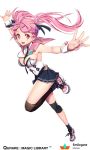  1girl :d black_legwear breasts cleavage derivative_work empew hair_ornament hairclip long_hair looking_at_viewer open_mouth original outstretched_arms parted_lips pink_eyes pink_hair qurare_magic_library running sailor_collar shoes smile solo spread_arms thigh-highs twintails 