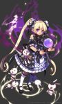  1girl blonde_hair detached_sleeves empew gothic_lolita gyakushuu_no_fantasica hair_ornament lolita_fashion long_hair looking_at_viewer official_art orb original pointy_ears simple_background solo stuffed_animal stuffed_bunny stuffed_toy twintails very_long_hair violet_eyes 