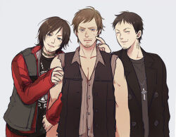  3boys 50yen_(gojiue) ^3^ actor_connection ahoge annoyed arm_at_side arm_hug arms_at_sides beard_stubble black_jacket black_shirt black_vest blade_ii_(film) blue_eyes blush boondock_saints brown_hair cheek_poking choker collarbone collared_shirt commentary_request cowlick cross daryl_dixon deltoids facial_hair facing_another furrowed_brow grey_shirt grey_vest head_tilt jacket lapels looking_at_viewer male_focus mature_eyes mole mole_above_mouth multiple_boys murphy_macmanus mustache_stubble neck_tattoo norman_reedus nose_blush notched_lapels open_clothes open_jacket open_mouth open_vest parted_bangs peanut_mouth pectoral_cleavage pectorals pinstripe_pattern pinstripe_shirt poking print_shirt red_jacket rosary scud_(blade_ii) shirt short_bangs short_hair simple_background sleeveless sleeveless_shirt smirk straight-on stubble tattoo the_walking_dead upper_body very_short_hair vest white_background 