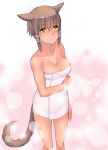  1girl animal_ears bare_shoulders breasts brown_hair cat_ears cat_tail cleavage final_fantasy final_fantasy_xiv long_hair looking_at_viewer solo tail takatsuki_kahiro thighs wet yellow_eyes 