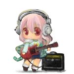  1girl blush chibi electric_guitar guitar headphones instrument long_hair looking_at_viewer nitroplus pink_hair pom_pom_(clothes) red_eyes solo super_sonico 