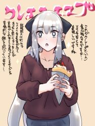  1girl black_bow blue_eyes blue_pants blush bow braid breasts brown_sweater denim fate/grand_order fate_(series) grey_hair hair_bow jeans long_hair long_sleeves looking_at_viewer medium_breasts morgan_le_fay_(fate) niwaikanai open_mouth pants ponytail sidelocks solo sparkle sparkling_eyes sweater translation_request very_long_hair 