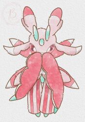  1other antennae arthropod_girl arthropod_limbs baya_(sakura_mint) colored_sclera colored_skin full_body furry highres insect_wings looking_at_viewer lurantis pink_sclera pink_skin pokemon pokemon_(creature) pokemon_focus praying_mantis red_eyes red_sclera simple_background solo wings 
