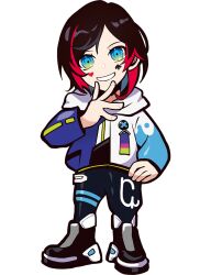  1boy anime_coloring ankle_boots aqua_eyes aqua_sleeves asymmetrical_bangs badge black_boots black_hair black_sleeve_cuffs blue_jacket blue_pants blue_sleeves boots button_badge colored_inner_hair crazy_raccoon double_horizontal_stripe eyelashes facial_mark facing_viewer fingernails full_body gradient_eyes grin hand_on_own_hip head_tilt heart heart_facial_mark hood hood_down hooded_jacket horizontal-striped_clothes horizontal-striped_pants jacket lanyard legs_apart male_focus mark_under_both_eyes medium_hair multicolored_eyes multicolored_hair multicolored_jacket official_art pants parted_bangs print_pants puppeteer7777 red_hair second-party_source smile solo spade_(shape) spade_facial_mark standing streaked_hair striped_clothes striped_pants striped_sleeves swept_bangs tachi-e teeth thick_lineart transparent_background uruca_(vtuber) vertical-striped_clothes vertical-striped_sleeves white_jacket yellow_eyes 