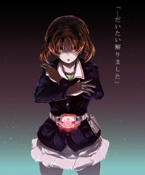 1girl belt blue_jacket brown_eyes brown_hair commentary cowboy_shot decadriver girls_und_panzer green_undershirt highres jacket kabutowari kamen_rider kamen_rider_dcd kamen_rider_decade long_sleeves looking_at_viewer military_uniform miniskirt nishizumi_miho ooarai_military_uniform open_mouth pleated_skirt short_hair skirt solo standing translated white_skirt