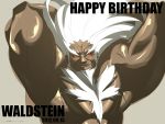  armpits artist_request beard chest_hair dark_skin eyebrows facial_hair happy_birthday long_hair manly muscle no_pupils official_art pose red_eyes smile solo thick_eyebrows under_night_in-birth waldstein white_hair 