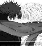  2boys accelerator black_hair eye_contact kamijou_touma looking_at_another lowres monochrome multiple_boys scarf scarf_over_mouth shared_scarf short_hair spiky_hair to_aru_majutsu_no_index white_hair 