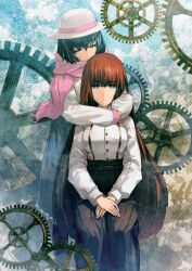  belt black_hair black_pantyhose blue_eyes blue_skirt boots bow breasts brown_skirt closed_eyes collared_shirt copyright_name hands_on_own_thighs hat high-waist_skirt highres huke large_breasts long_hair long_sleeves looking_at_viewer official_art pantyhose pink_bow red_hair red_scarf ringed_eyes sash scarf science_adventure shiina_kagari shiina_mayuri shirt sitting skirt steins;gate steins;gate_0 waist_bow waist_sash white_boots white_hat white_shirt winter_clothes yellow_trim 