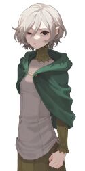  1boy absurdres bags_under_eyes black_eyes clenched_hand cloak cowboy_shot dhlrwutokki dungeon_meshi elf gorget green_cloak green_shirt grey_hair highres hood hooded_cloak lazy_eye long_sleeves looking_at_viewer male_focus mithrun notched_ear pointy_ears shirt short_hair simple_background solo tunic uneven_eyes wavy_hair white_background 