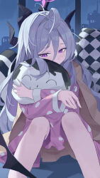  1girl absurdres ahoge black_horns blue_archive character_pillow checkered_pillow chinese_commentary commentary_request demon_girl demon_horns doodle_sensei_(blue_archive) fanshuimucishen feet_out_of_frame hair_between_eyes hair_intakes halo highres hina_(blue_archive) hina_(pajamas)_(blue_archive) holding holding_pillow horns hugging_object jacket jacket_on_shoulders knees_up long_hair long_sleeves looking_to_the_side making-of_available multiple_horns night official_alternate_costume open_clothes open_jacket pajamas pillow pillow_hug pink_halo pink_pajamas polka_dot polka_dot_pajamas sensei_(blue_archive) sitting solo very_long_hair violet_eyes white_hair window yellow_jacket 