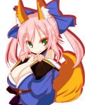  1girl animal_ears bare_shoulders breasts caster_(fate/extra) cleavage collar detached_sleeves fang fate/extra fate/extra_ccc fate_(series) fox_ears fox_tail green_eyes hair_ribbon japanese_clothes looking_at_viewer pink_hair ribbon simple_background solo tail twintails white_background 