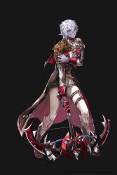  1boy absurdres black_capelet black_coat bleeding blood blue_eyes blue_sash boots bracer brown_boots capelet clenched_teeth coat colored_skin commentary corruption crossbow dark_elf dimael_(king&#039;s_raid) elf english_commentary full_body green_shirt highres holding holding_crossbow holding_weapon ji_yu_lee king&#039;s_raid long_coat medium_hair official_alternate_costume official_art pain pants pointy_ears purple_skin red_capelet red_coat sash shirt solo teeth thigh_strap torn_clothes torn_sleeves two-sided_capelet two-sided_coat two-sided_fabric weapon white_hair white_pants white_shirt 