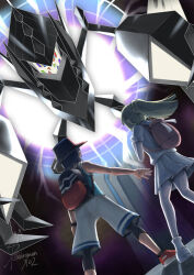  1boy 1girl aqua_shirt backpack bag black_hair black_hat black_socks blonde_hair bracelet dorumam dutch_angle elio_(pokemon) floating from_behind hat jewelry lillie_(pokemon) long_hair necrozma necrozma_(normal) pink_bag pokemon pokemon_(creature) pokemon_usum ponytail red_shoes shirt shoes short_hair short_sleeves shorts signature skirt sleeveless sleeveless_shirt socks standing white_shirt white_shoes white_shorts white_skirt white_socks wormhole 