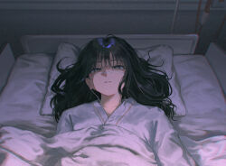  1girl absurdres bed black_eyes black_hair breathing_tube highres hospital kyano_(kyanora3141) looking_at_viewer lying on_back original pillow solo 