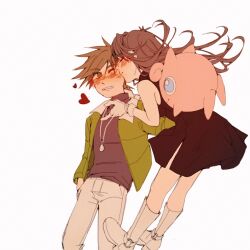  1boy 1girl black_dress blue_oak blush boots brown_hair closed_eyes dress gloves green_(pokemon) green_jacket hand_in_pocket heart hetero highres jacket jewelry jigglypuff kiss kissing_cheek necklace one_eye_closed pokemon pokemon_adventures riceball_(gohan_gin) spiky_hair white_background white_boots white_gloves 
