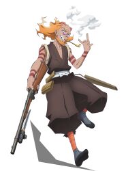  1boy anime_coloring arm_tattoo balding bandaged_leg bandages bayonet beard blowing_smoke brown_eyes brown_hakama brown_kimono bucchigire! collarbone facial_hair full_body gun gyataro_(bucchigire!) hakama hakama_pants hand_up holding holding_gun holding_weapon japanese_clothes kimono kiseru looking_at_viewer mature_male official_art open_mouth orange_hair pants pouch red_tattoo rifle simple_background sleeves_rolled_up smile smoke smoking smoking_pipe solo standing sunglasses tabi tattoo teeth transparent_background weapon yokota_masafumi 